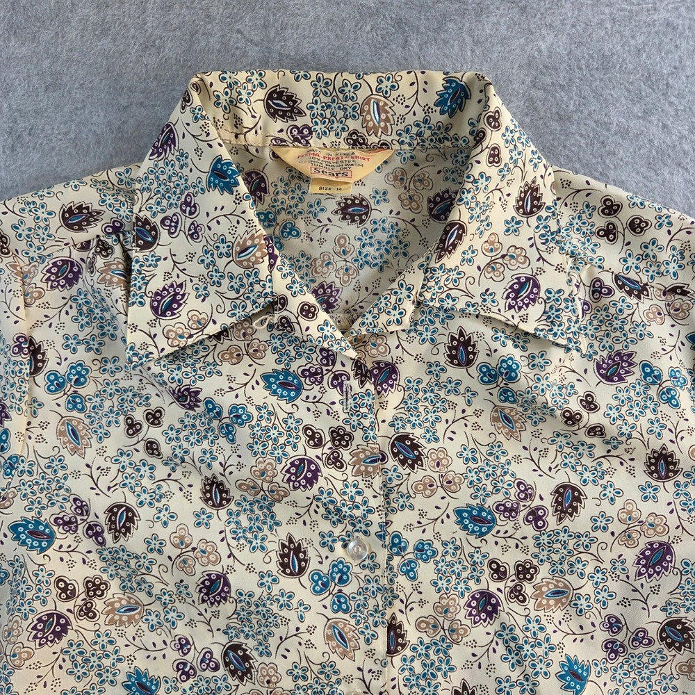 Sears Ferma-Prest Shirt Womens 14 Cream Floral Paisley Vintage 70s Button Down